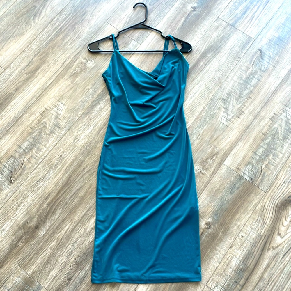 Teal Cowl Neck Midi Dress with Adjustable Straps